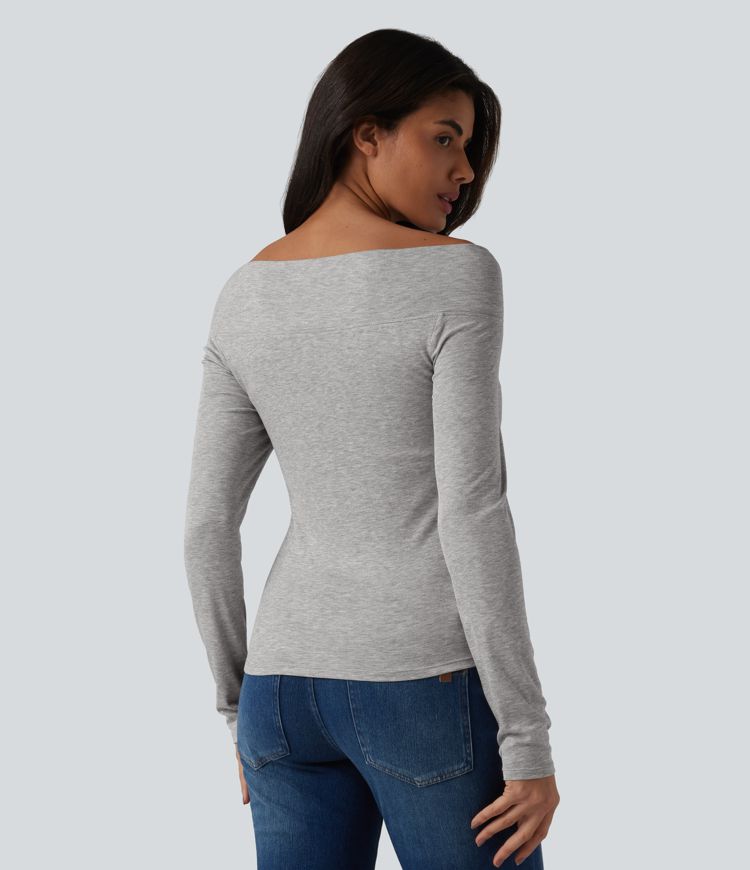 Ribbed Off-shoulder Tie-front Long Sleeve Built-in Bra Casual Top