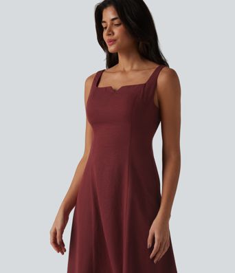 Vestido midi fluido para damas de honor e invitadas de boda, con escote cuadrado con muesca y fruncido (fruncido)