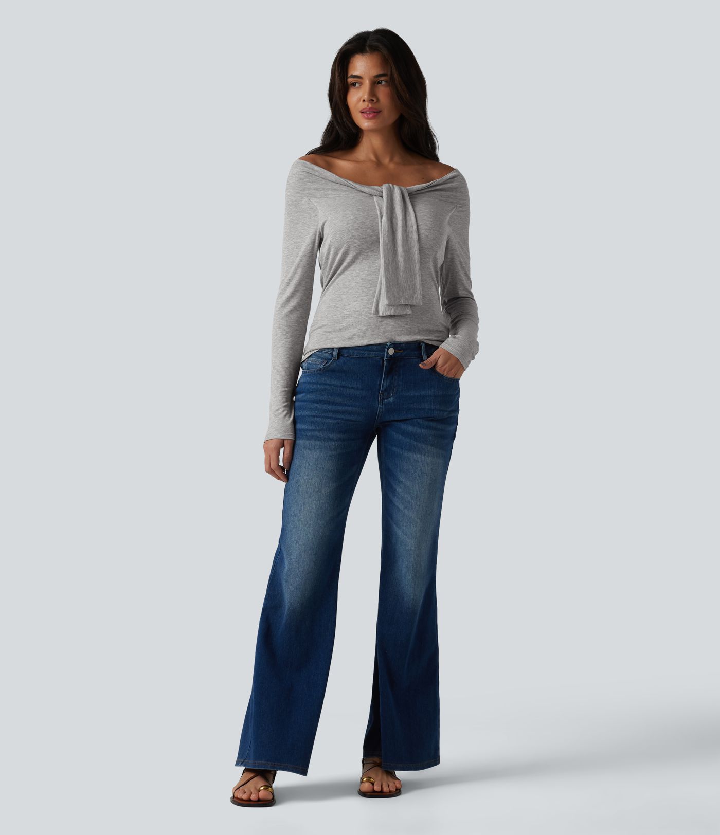 Ribbed Off-shoulder Tie-front Long Sleeve Built-in Bra Casual Top