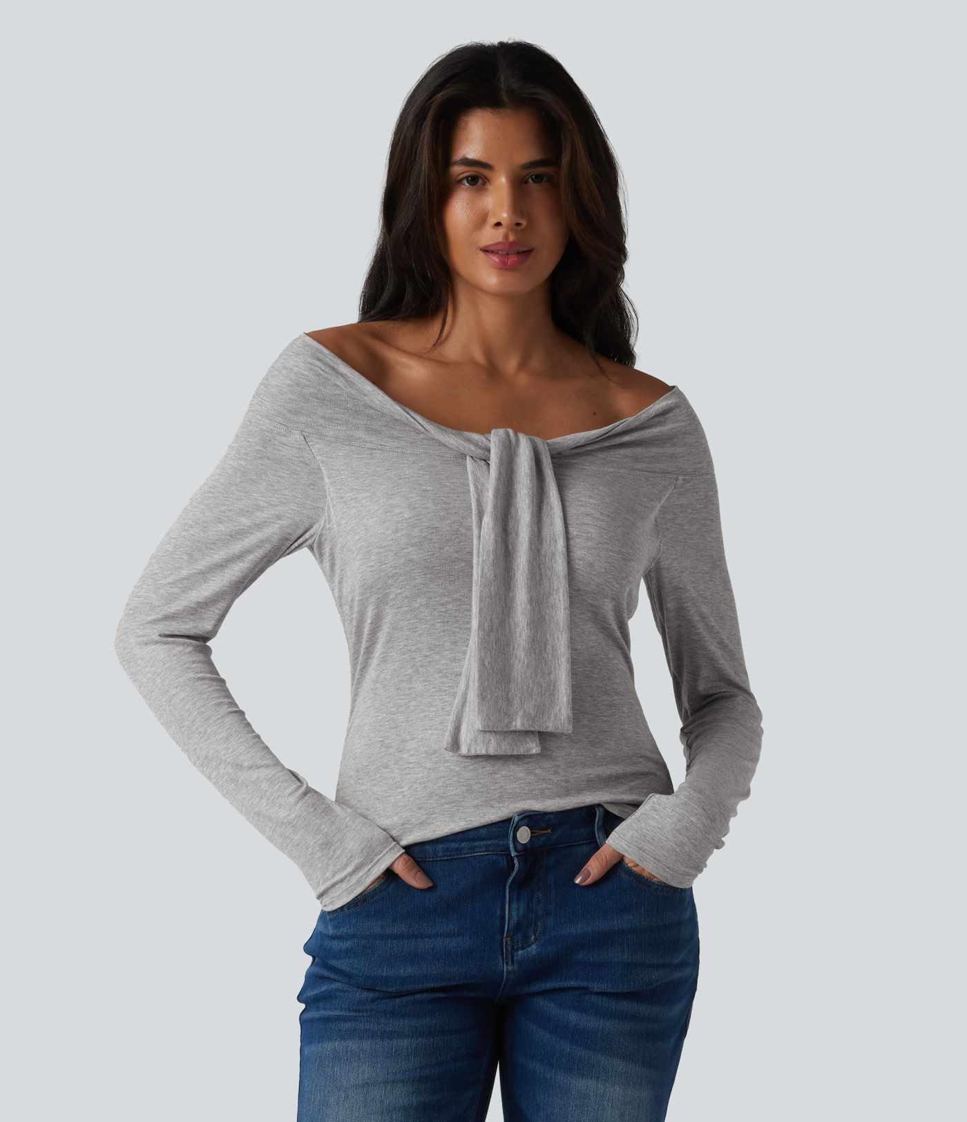 Ribbed Off-shoulder Tie-front Long Sleeve Built-in Bra Casual Top