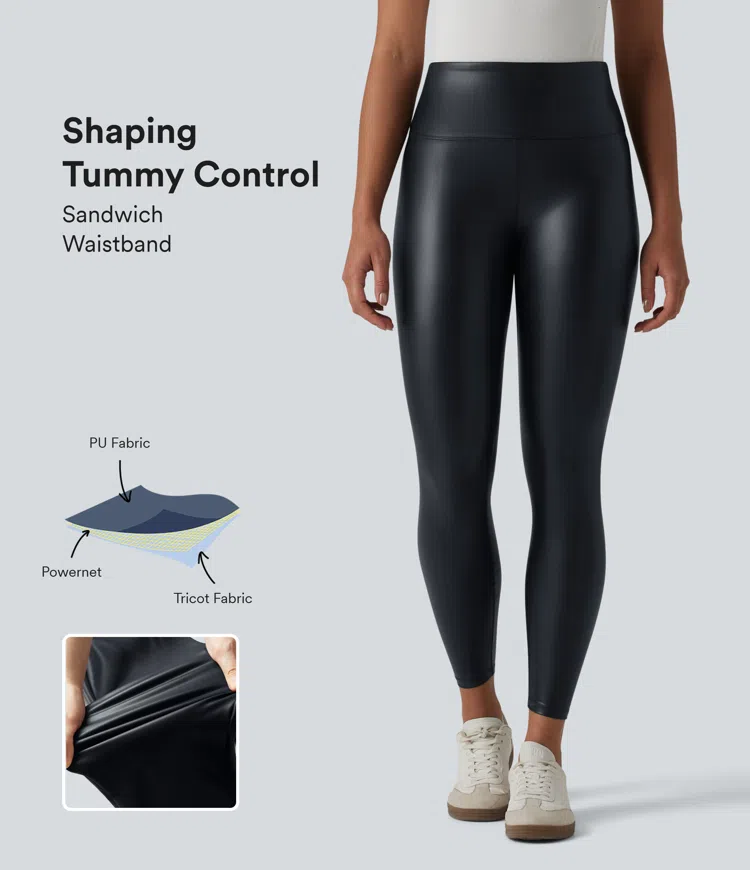 High Waisted Tummy Control Stretchy PU Casual 7/8 Leggings with Pockets