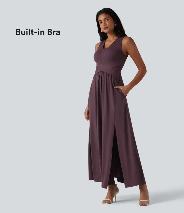 Ärmelloses Maxikleid mit V-Ausschnitt und Seitentaschen