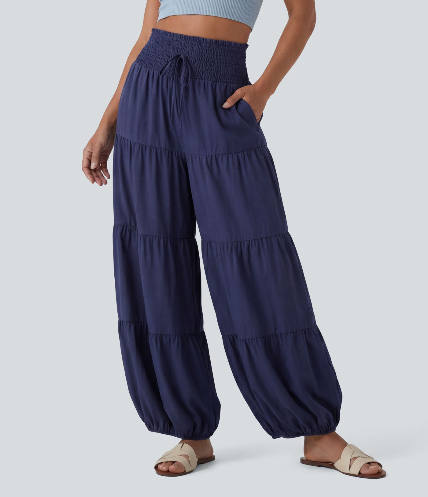 Breezeful™ High Waisted Shirred Knot Barrel Leg Quick Dry Bloomers Pants with Pockets Breezeful™ High Waisted Shirred Knot Barrel Leg Quick Dry Bloomers Pants with Pockets