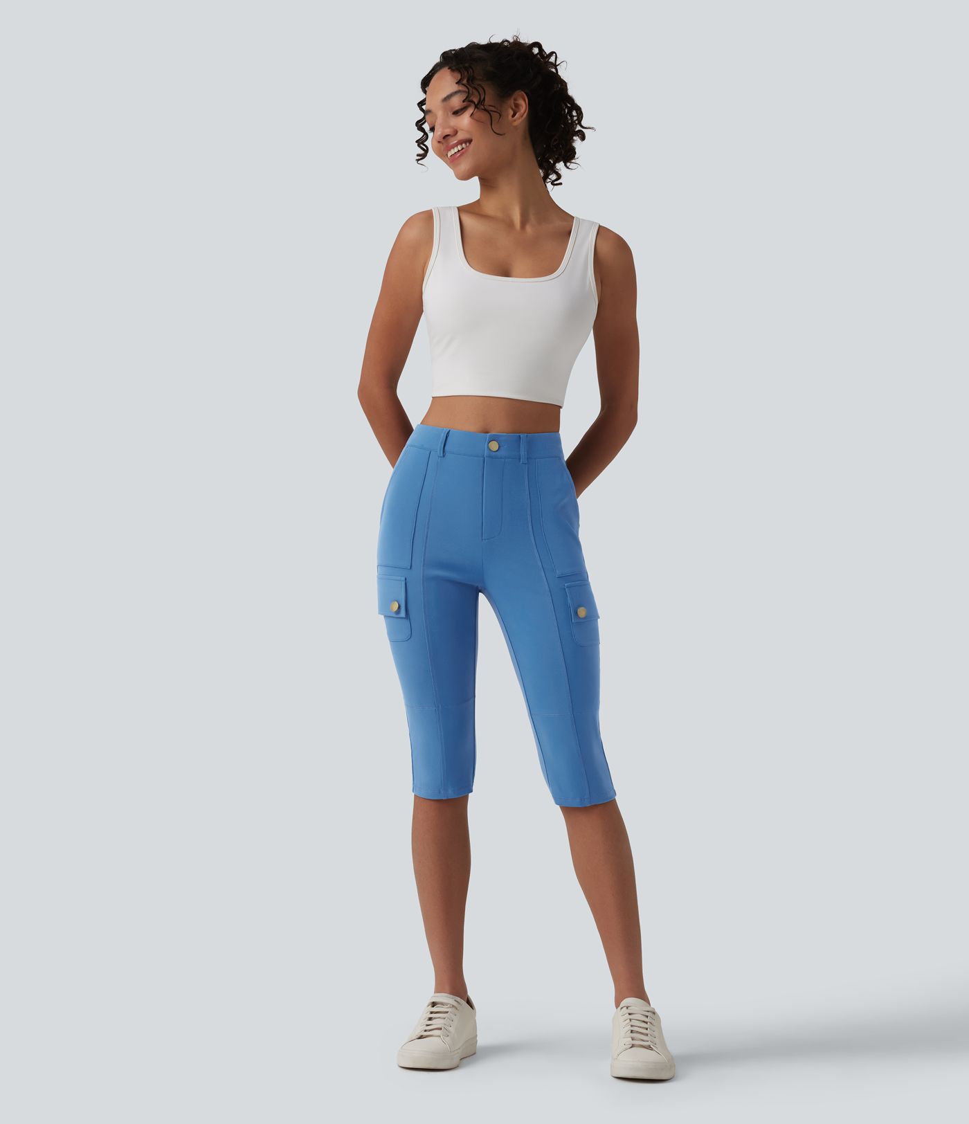 DayStretch High Waisted Zipper Pockets Solid Skinny Pedal Pusher Casual Cargo Pants