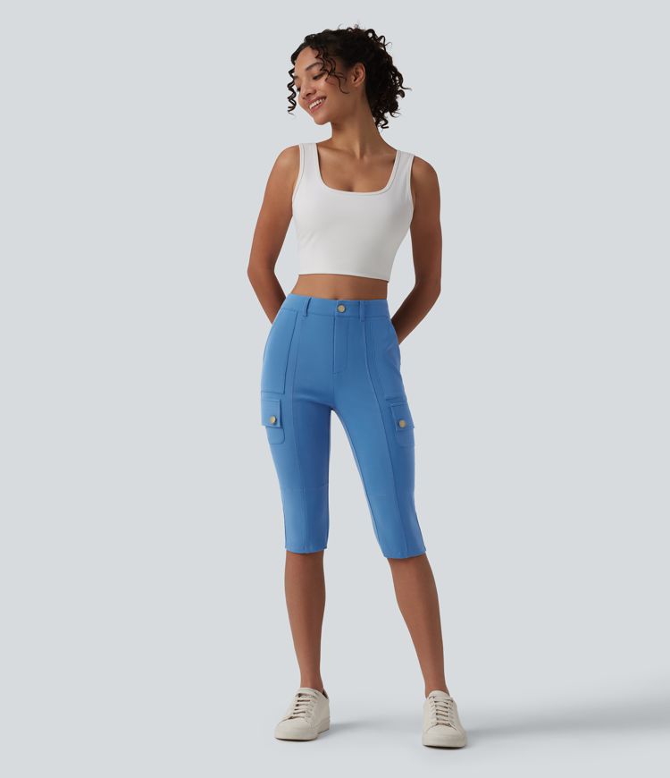 DayStretch High Waisted Zipper Pockets Solid Skinny Pedal Pusher Casual Cargo Pants