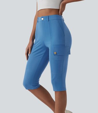 DayStretch High Waisted Zipper Pockets Solid Skinny Pedal Pusher Casual Cargo Pants