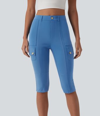 DayStretch High Waisted Zipper Pockets Solid Skinny Pedal Pusher Casual Cargo Pants