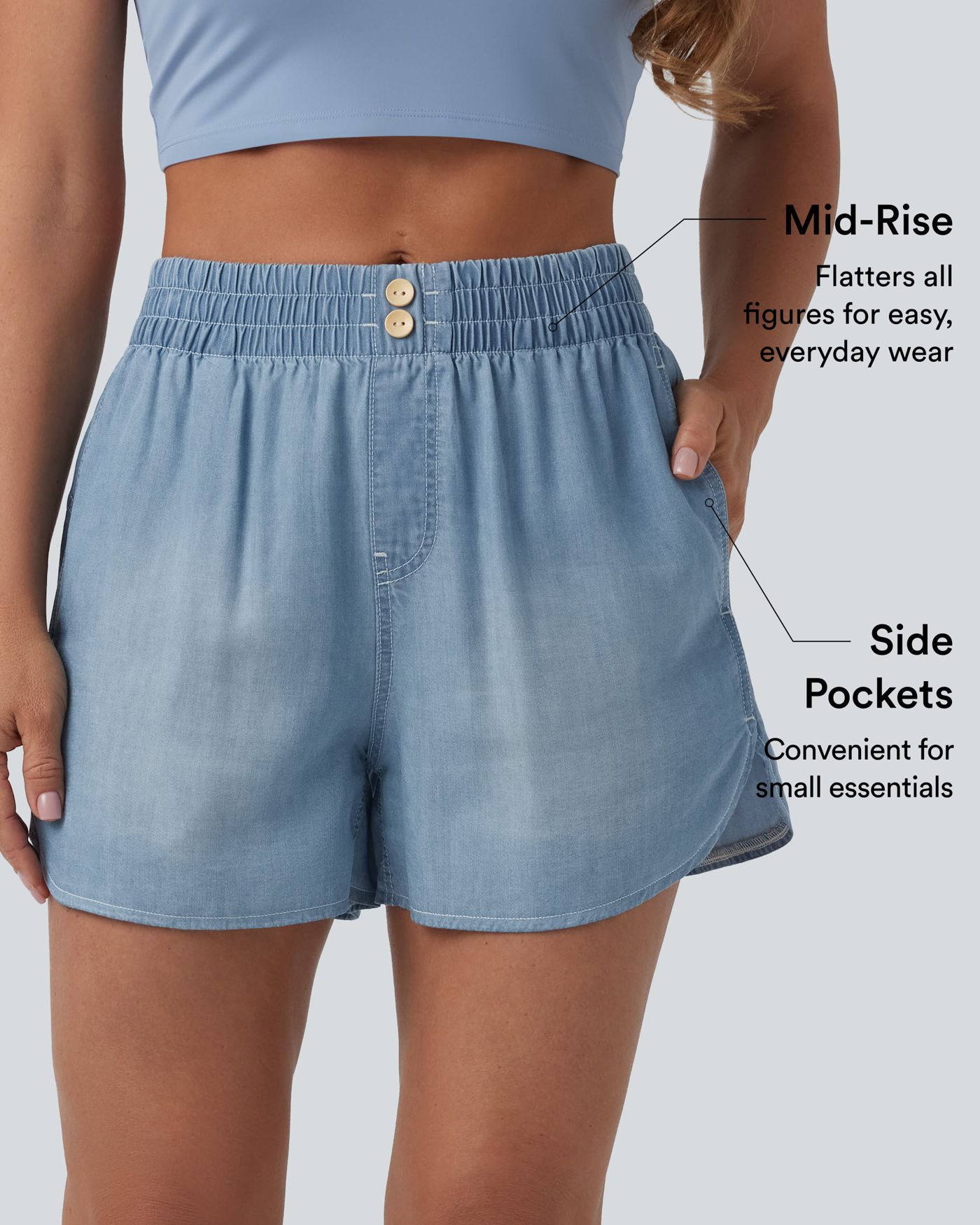 Mid Rise Draped Denim Casual Shorts 3.5'' with Pockets