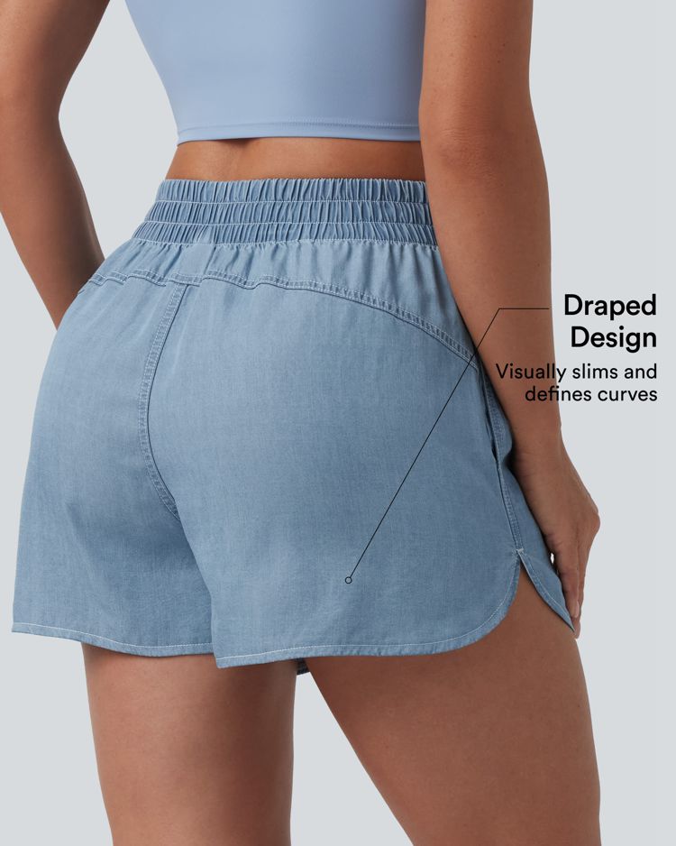 Mid Rise Draped Denim Casual Shorts 3.5'' with Pockets