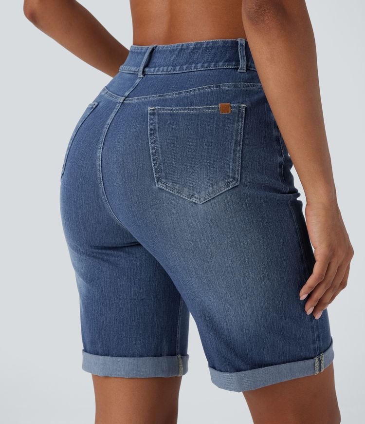 Halara Flex™ High Waisted Pockets Rolled Hem Washed Denim Casual Bermuda Shorts