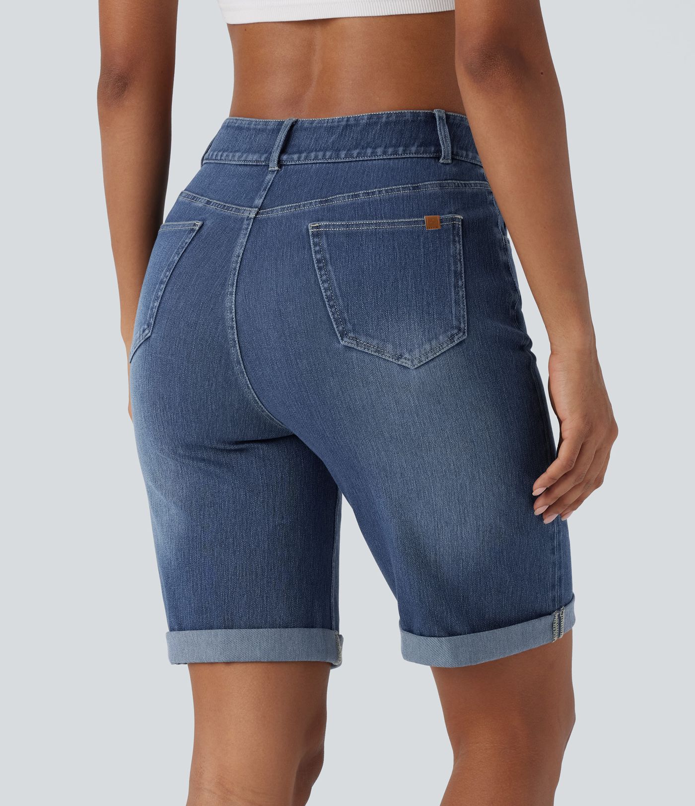 Halara Flex™ High Waisted Pockets Rolled Hem Washed Denim Casual Bermuda Shorts