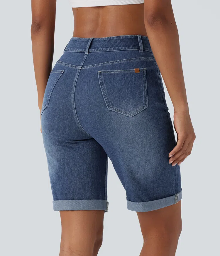 Paint Blue Denim Bermuda décontracté en jean extensible délavé Halara Flex™ taille haute avec revers et multiples poches / 2