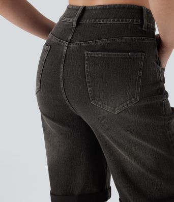 Halara Flex™ - Lässige, gewaschene Bermuda-Shorts aus elastischem Strick-Denim mit hohem Bund, mehreren Taschen und Rollsaum