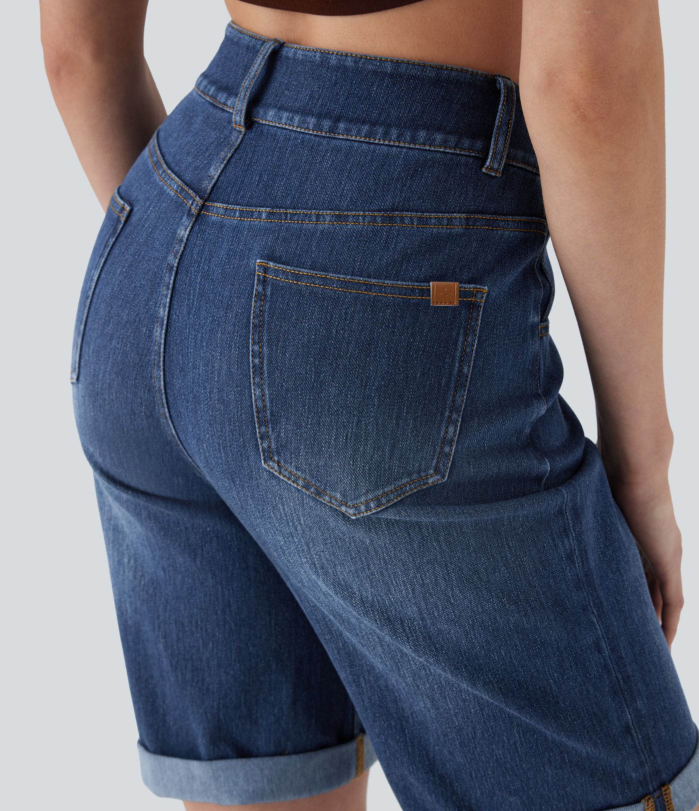 Halara Flex™ High Waisted Pockets Rolled Hem Washed Denim Casual Bermuda Shorts