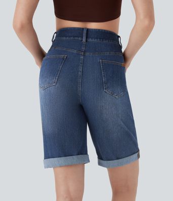 Halara Flex™ High Waisted Pockets Rolled Hem Washed Denim Casual Bermuda Shorts