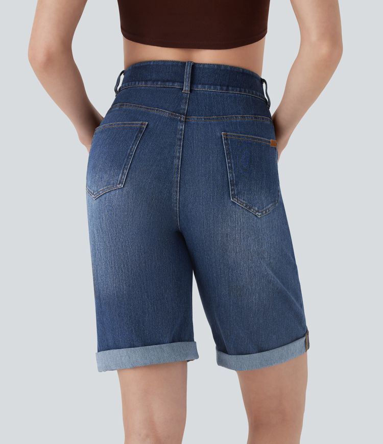 Halara Flex™ High Waisted Pockets Rolled Hem Washed Denim Casual Bermuda Shorts