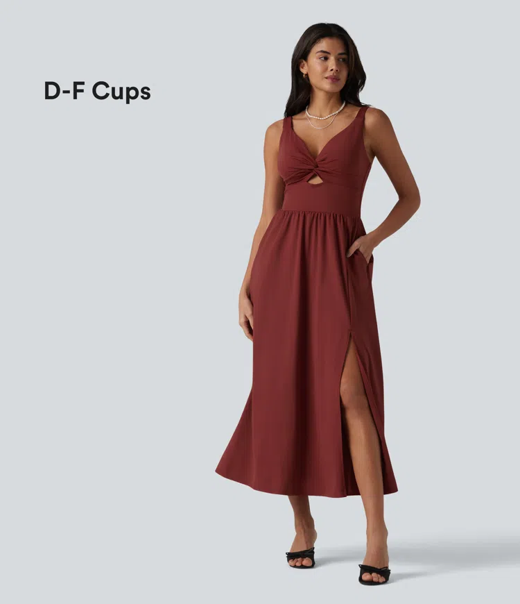 SoftlyZero™ Airy V Neck Non-Removable Pad Sleeveless InstantCool Midi Dress with Pockets E-G