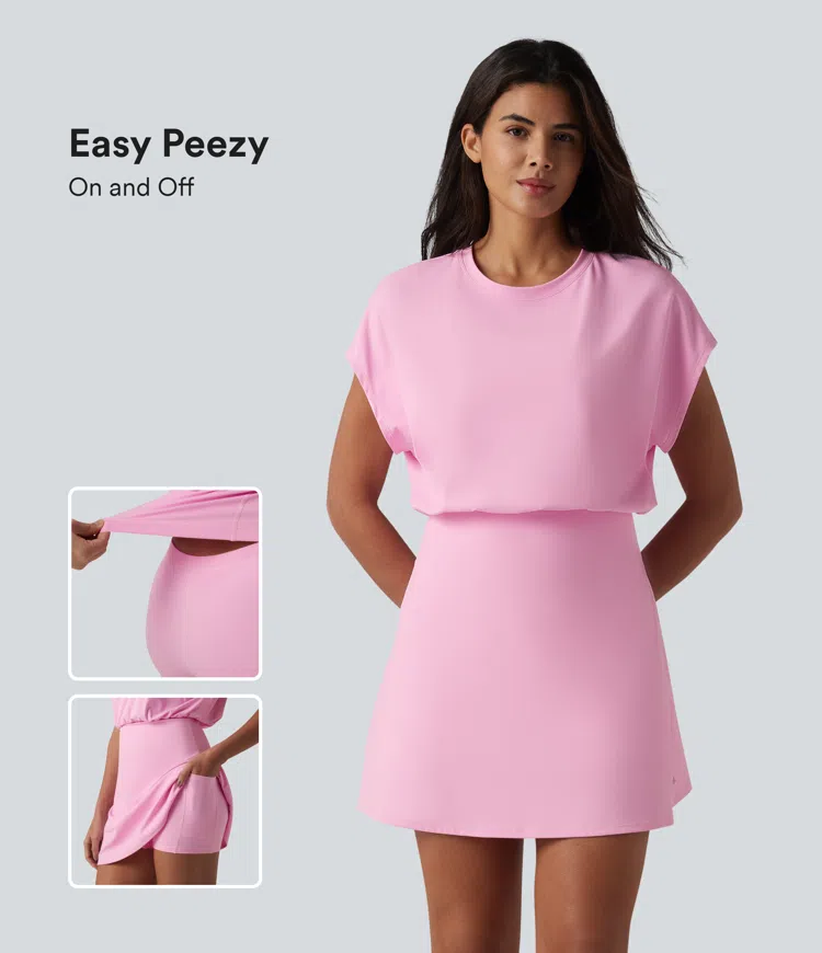 SoftlyZero™ Airy Round Neck Short Sleeve 2-in-1 InstantCool Mini Yoga Active Dress with Pockets-Easy Peezy Edition