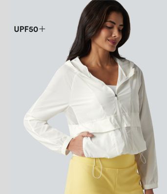 Hooded Long Sleeve Contrast Mesh Running Jacket with Pockets-UPF50+