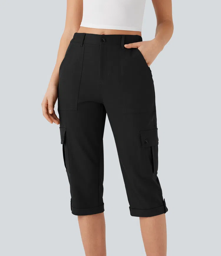 Mid Rise Rolled Hem Casual Cargo Pants with Flap Pockets