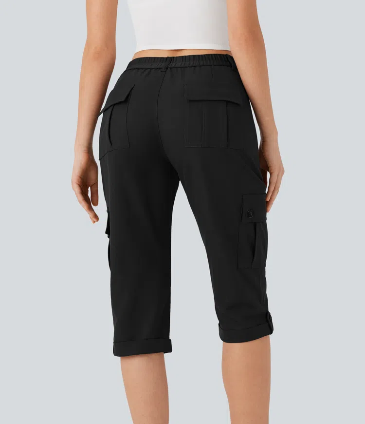 Black Pantalon cargo décontracté taille moyenne à ourlet roulé avec poches à rabat / 2