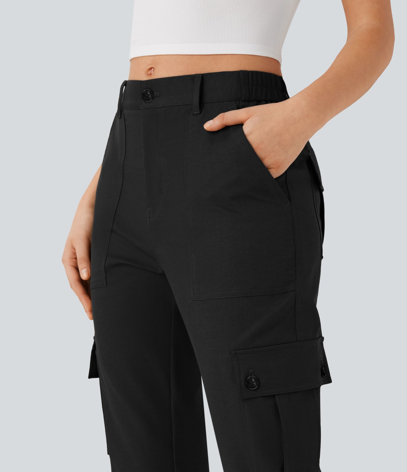 Mid Rise Rolled Hem Casual Cargo Pants with Flap Pockets