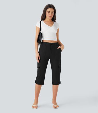 Mid Rise Rolled Hem Casual Cargo Pants with Flap Pockets