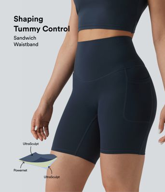 Halara Ultrasculpt™ High Waisted Tummy Control Crossover Back Running Biker Shorts 7'' with Pockets