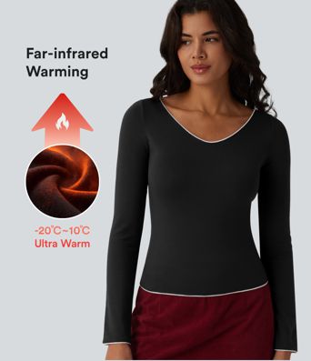 Halara HeatCore V-neck Long Sleeve  Contrast Tipping Casual Warming Top