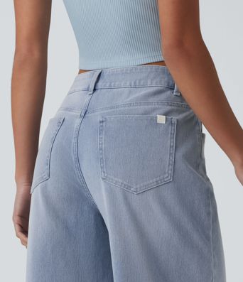 Halara Flex™ Asymmetric Mid Rise Wide Leg Casual Jeans with Pockets