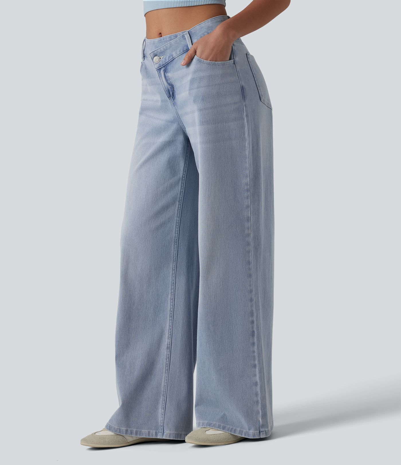 Halara Flex™ Asymmetric Mid Rise Wide Leg Casual Jeans with Pockets