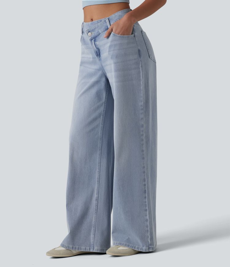 Halara Flex™ Asymmetric Mid Rise Wide Leg Casual Jeans with Pockets