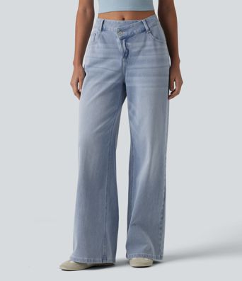 Halara Flex™ Asymmetric Mid Rise Wide Leg Casual Jeans with Pockets