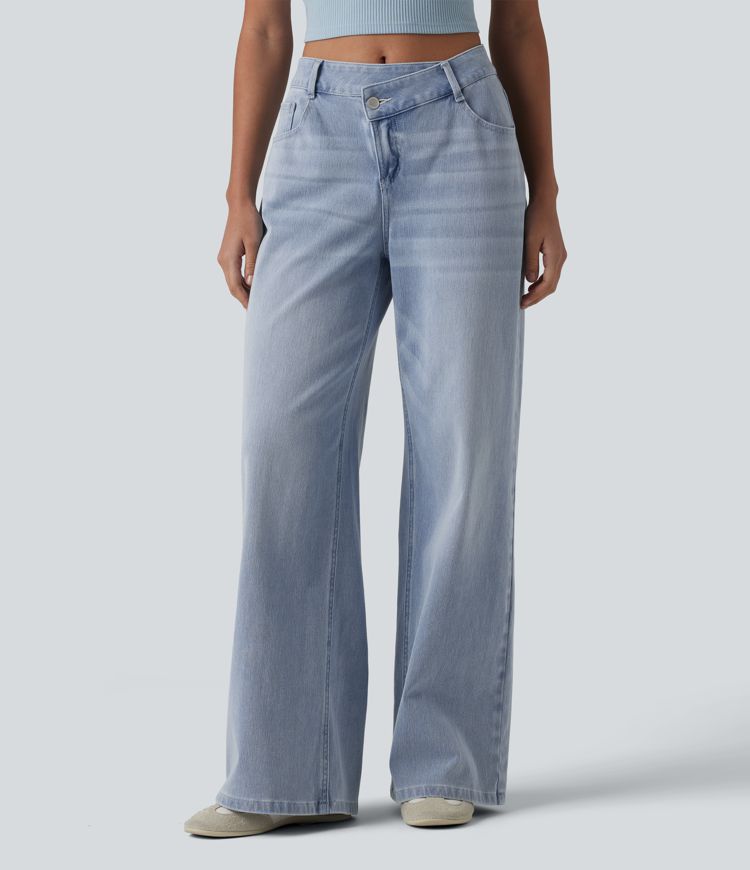 Halara Flex™ Asymmetric Mid Rise Wide Leg Casual Jeans with Pockets