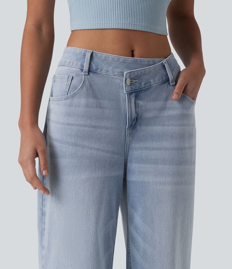 Halara Flex™ Asymmetric Mid Rise Wide Leg Casual Jeans with Pockets