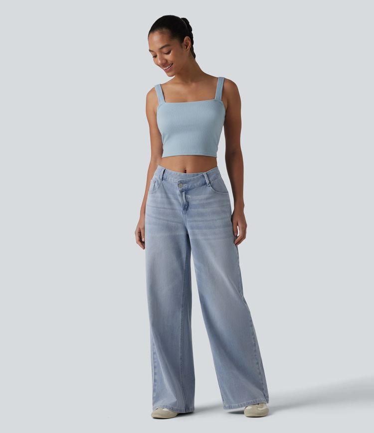 Halara Flex™ Asymmetric Mid Rise Wide Leg Casual Jeans with Pockets