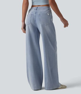 Halara Flex™ Asymmetric Mid Rise Wide Leg Casual Jeans with Pockets