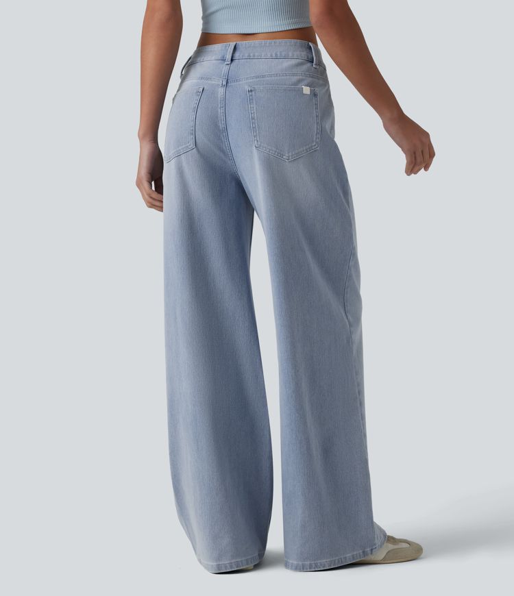 Halara Flex™ Asymmetric Mid Rise Wide Leg Casual Jeans with Pockets