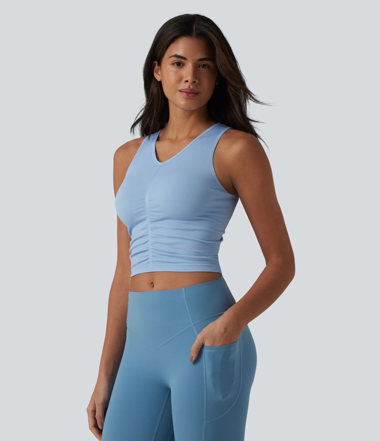 OneForm Seamless Flow V Neck Ruched Cropped Yoga Tank Top OneForm Seamless Flow V Neck Ruched Cropped Yoga Tank Top