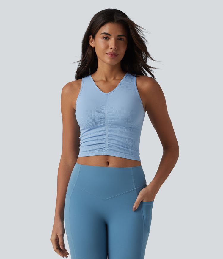OneForm Seamless Flow V Neck Ruched Cropped Yoga Tank Top OneForm Seamless Flow V Neck Ruched Cropped Yoga Tank Top