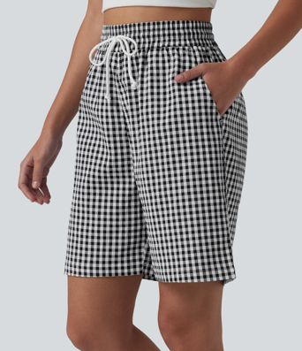High Waisted Drawstring Gingham Plaid Resort Baggy Shorts with Pockets