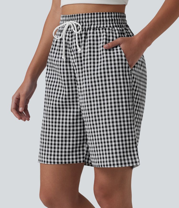 High Waisted Drawstring Gingham Plaid Resort Baggy Shorts with Pockets