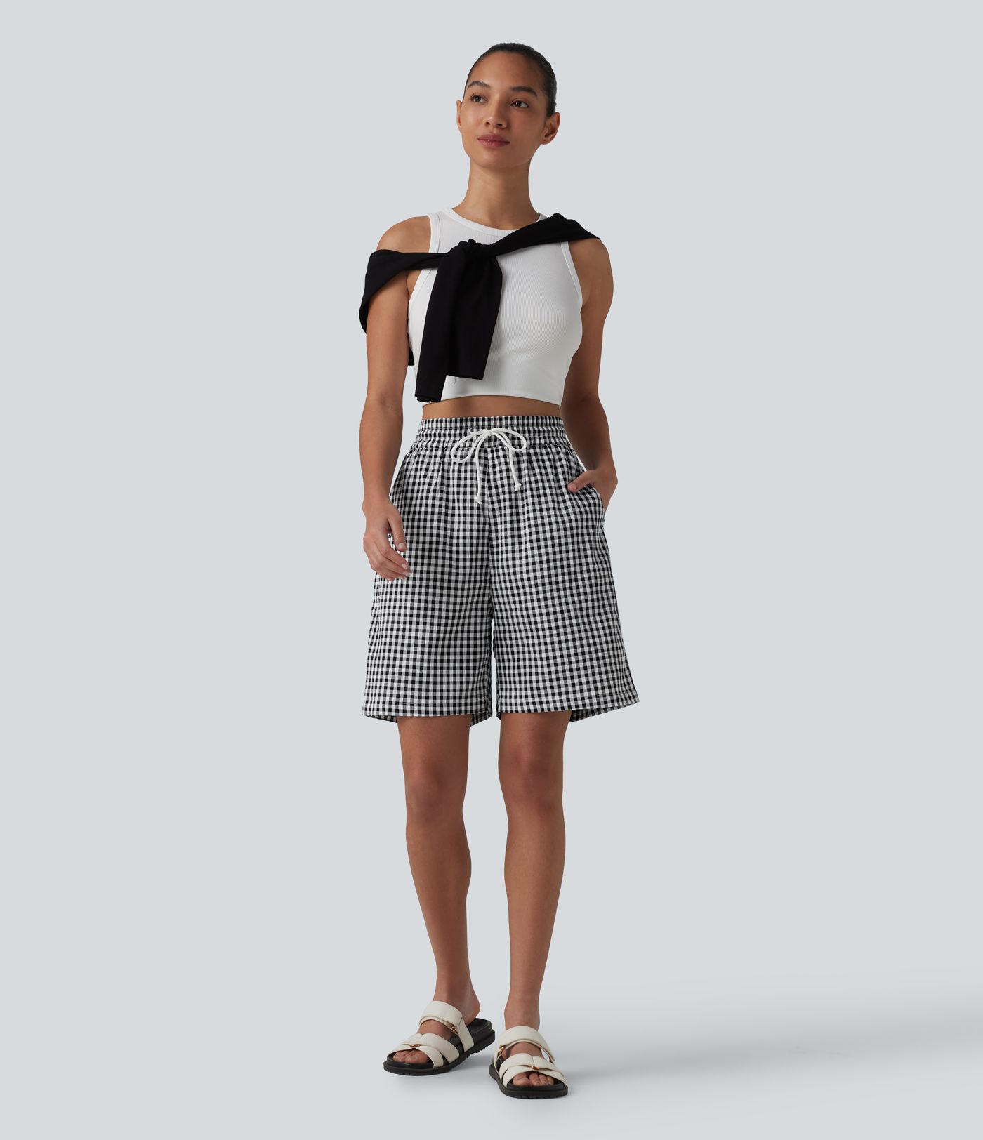 High Waisted Drawstring Gingham Plaid Resort Baggy Shorts with Pockets