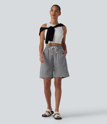 High Waisted Drawstring Gingham Plaid Resort Baggy Shorts with Pockets