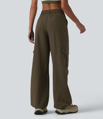 Pantalon cargo droit de randonnée taille haute avec poches