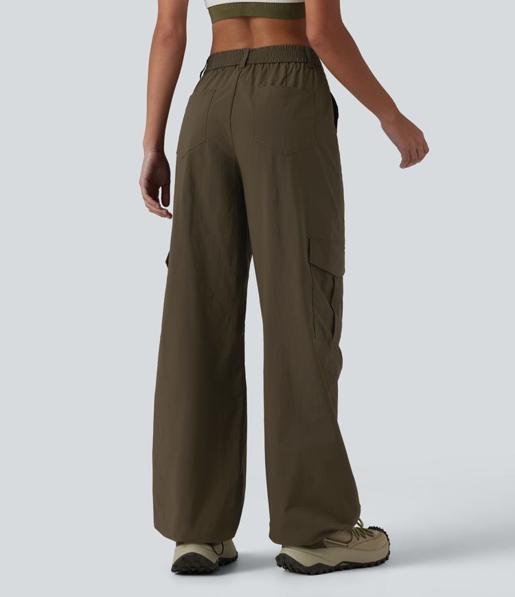 Pantalon cargo droit de randonnée taille haute avec poches