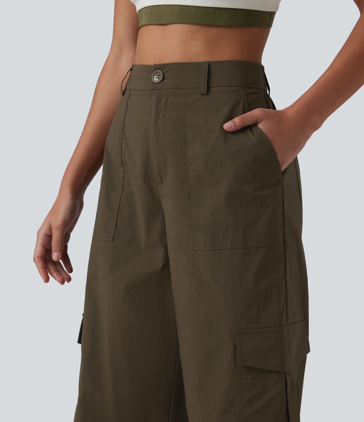 Pantalon cargo droit de randonnée taille haute avec poches