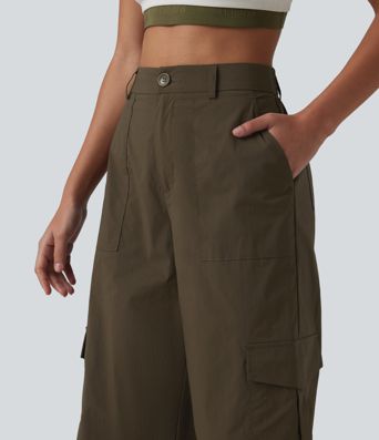 Pantalon cargo droit de randonnée taille haute avec poches