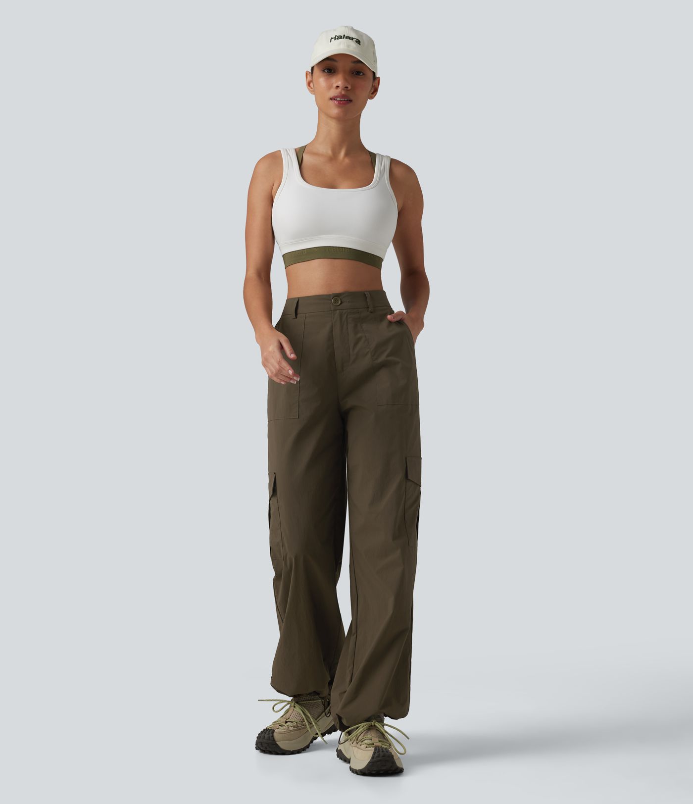 Pantalon cargo droit de randonnée taille haute avec poches