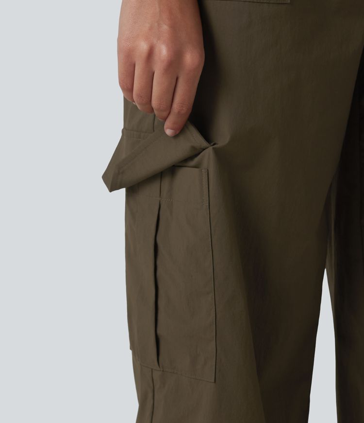 Pantalon cargo droit de randonnée taille haute avec poches